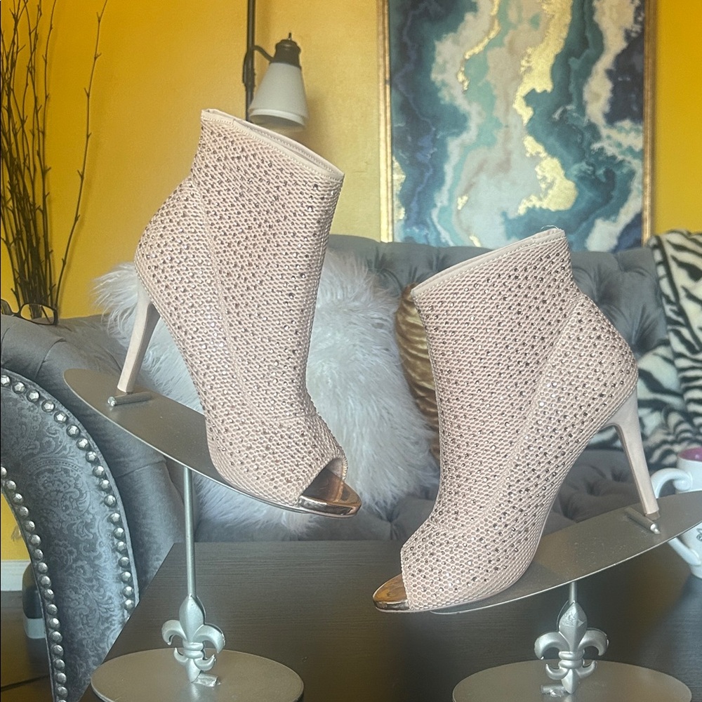 Elegant Cream Peep-Toe Ankle Boots - Picture 3 of 13